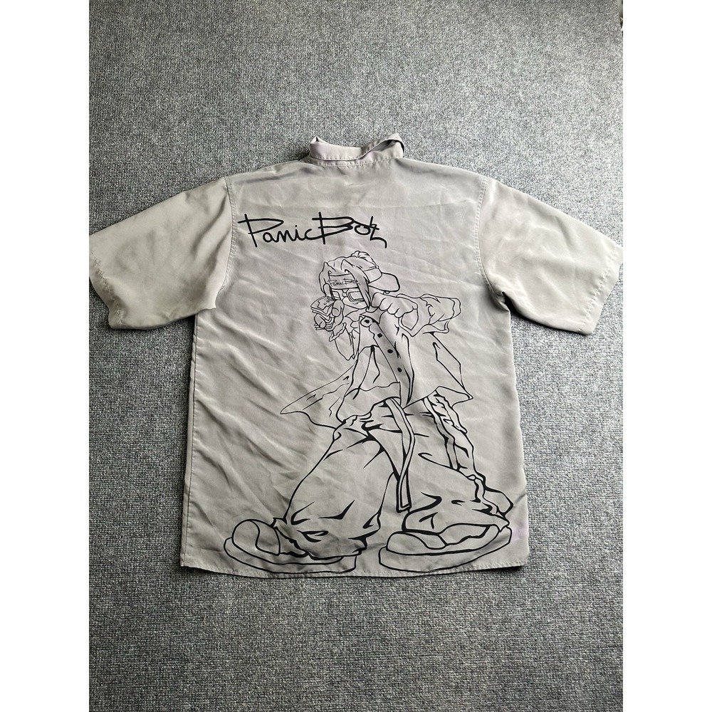 Mens Button Up Shirt Panic Boy Graphic Gray Anime, Size L